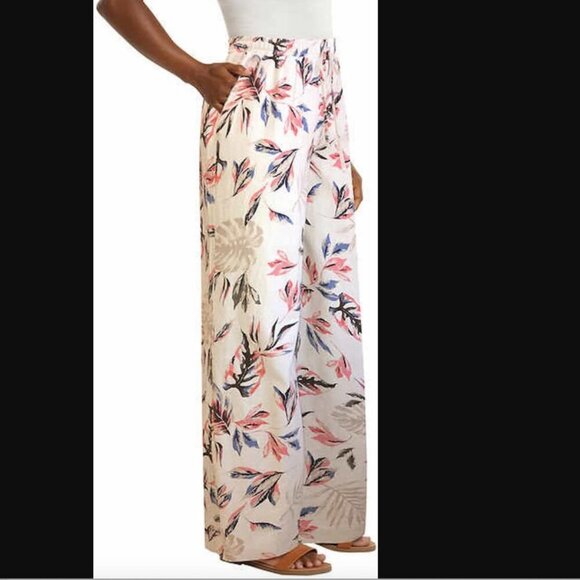 Briggs Wide Leg Pants Linen Blend Beige Floral Size Medium Elastic Waist - Picture 2 of 11